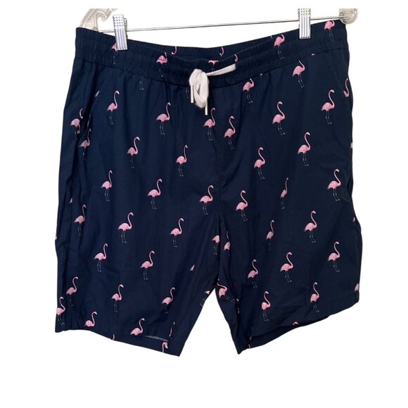 NEW  Mens L Flamingo Print Shorts Drawlstring  Waist Navy Tropical Beach Resort - Picture 1 of 12